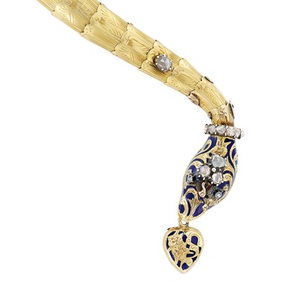 Lot 105 - Antique Gold, Silver, Diamond and Blue Enamel Serpent Bracelet