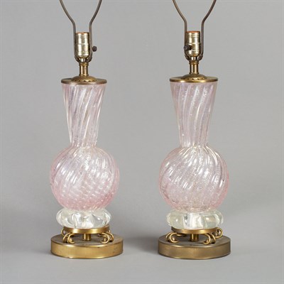 Lot 626 - Pair of Murano Pink Glass Lamps Height 15 1/2...