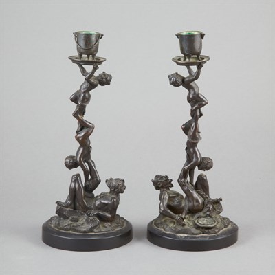 Lot 553 - Companion Pair of Bronze Figural Candlesticks...