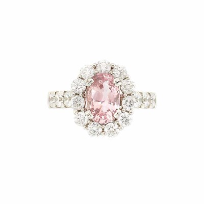 Lot 238 - White Gold, Padparascha Sapphire and Diamond Ring