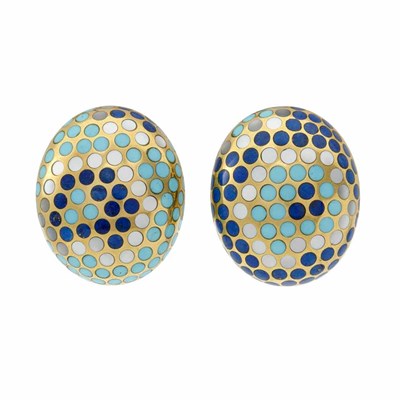 Lot 19 - Pair of Gold, Turquoise, Lapis and Mother-of-Pearl Earrings, Angela Cummings