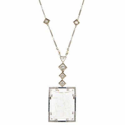 Lot 113 - White Gold, Diamond and Pearl Chain with White Gold, Carved Crystal, Diamond and Sapphire Pendant
