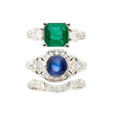 Lot 864 - Two Platinum, Gem-Set and Diamond Rings and Guard Ring