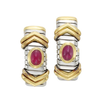 Lot 201 - Stainless Steel, Gold and Cabochon Pink Tourmaline and Rubellite 'Tubogas' Bangle Bracelet and Pair of Hoop Earclips, Bulgari