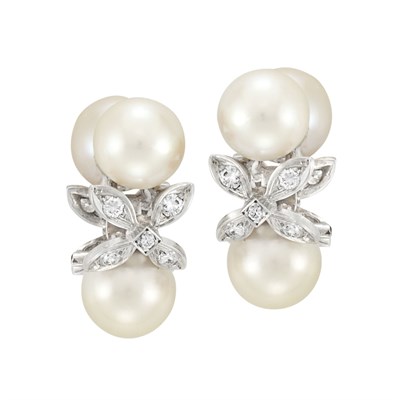Lot 261 - Pair of White Gold, Cultured Pearl and Diamond Earclips, Sterle, Paris