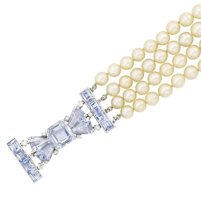 Lot 404 - Four Strand Cultured Pearl Bracelet with Platinum, Sapphire and Diamond Clasp, Van Cleef & Arpels