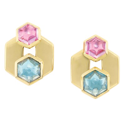 Lot 207 - Pair of Gold and Simulated Pink and Blue Stone Earclips, Marina B