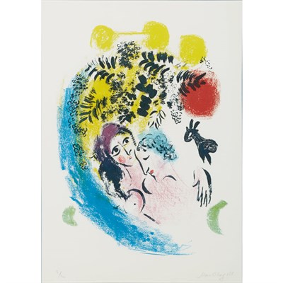 Lot 28 - Marc Chagall LES AMOUREUX AUX SOLEIL ROUGE...