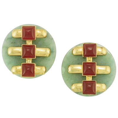 Lot 38 - Pair of Gold, Jade and Carnelian Earclips, Cartier, Aldo Cipullo