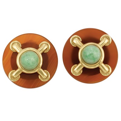 Lot 36 - Pair of Gold, Carnelian and Jade Earclips, Cartier, Aldo Cipullo