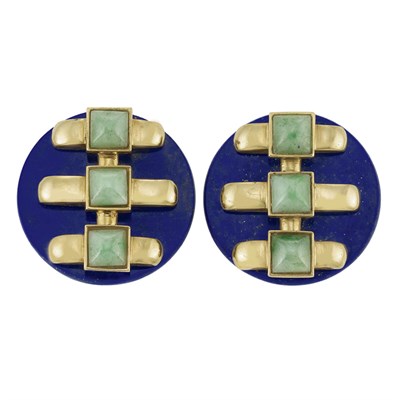 Lot 160 - Pair of Gold, Lapis and Jade Earclips, Aldo Cipullo
