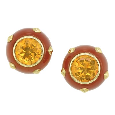 Lot 35 - Pair of Gold, Carnelian and Citrine Earclips, Trianon