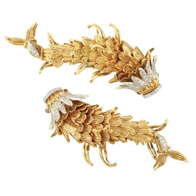 Lot 374 - Pair of Gold, Diamond and Gem-Set Fish Brooches