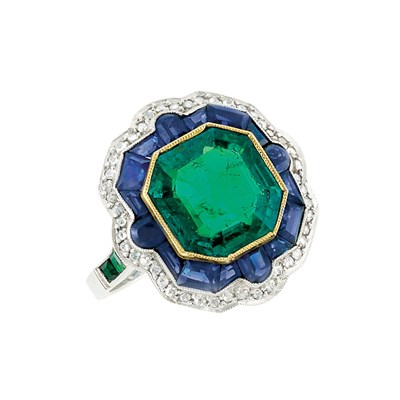 Lot 325 - Platinum, Gold, Emerald, Sapphire and Diamond Ring