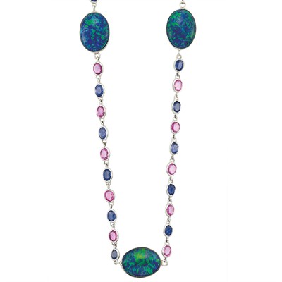 Lot 64 - Long White Gold, Black Opal Triplet, Sapphire and Pink Sapphire Chain Necklace, Piranesi