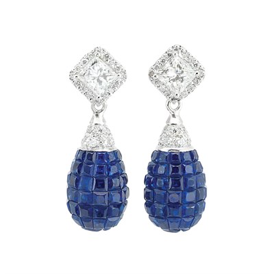 Lot 248 - Pair of White Gold, Diamond and Invisibly-Set Sapphire Pendant-Earrings