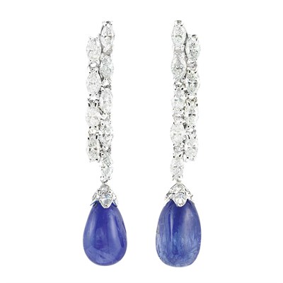Lot 411 - Pair of White Gold, Diamond and Tumbled Sapphire Pendant-Earrings