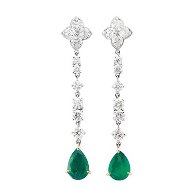 Lot 84 - Pair of Platinum, Gold, Diamond and Emerald Pendant-Earrings