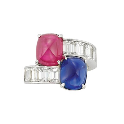 Lot 247 - Platinum, Cabochon Ruby and Sapphire and Diamond Crossover Ring