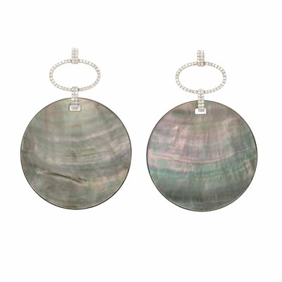 Lot 460 - Pair of White Gold, Black Mother-of-Pearl and Diamond Pendant-Earrings