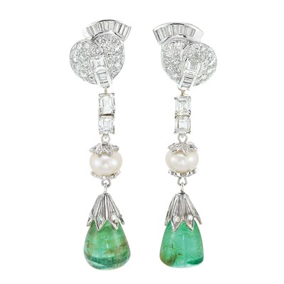 Lot 399 - Pair of White Gold, Diamond, Cultured Pearl and Emerald Pendant-Earrings