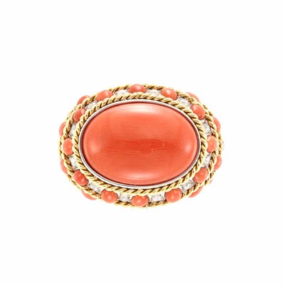Lot 48 - Two-Color Gold, Cabochon Coral and Diamond Ring, Piranesi