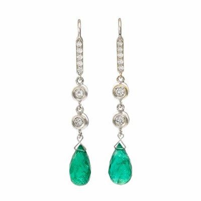 Lot 224 - Pair of White Gold, Diamond and Emerald Briolette Pendant-Earrings