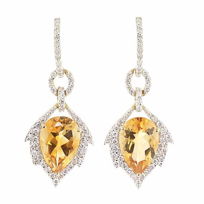 Lot 183 - Pair of Two-Color Gold, Citrine and Diamond Pendant-Earrings, Piranesi