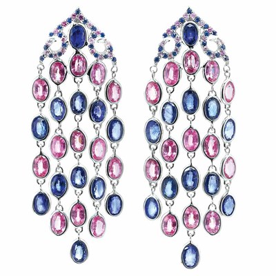 Lot 62 - Pair of White Gold, Pink Sapphire and Sapphire Fringe Earrings