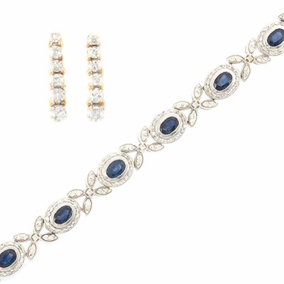 Lot 872 - White Gold, Sapphire and Diamond Bracelet and Pair of Gold and Diamond Earrings