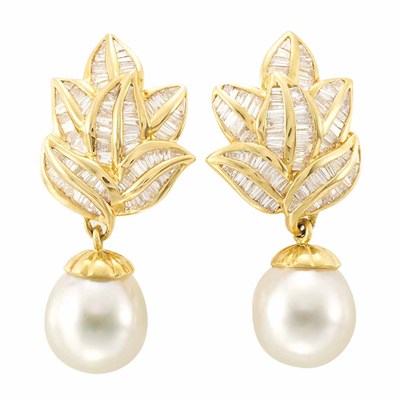 Lot 388 - Pair of Gold, Diamond and Cultured Pearl Pendant-Earrings