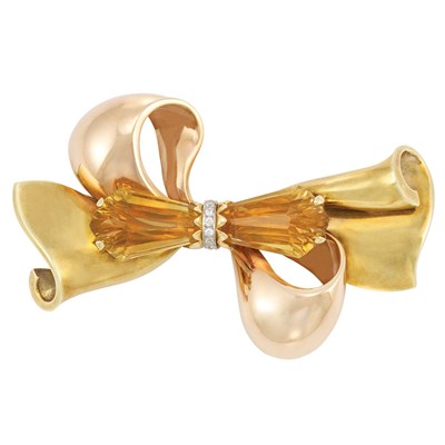 Lot 152 - Two-Color Gold, Platinum, Citrine Briolette and Diamond Bow Brooch, Cartier