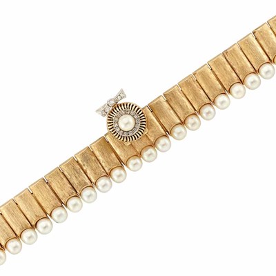 Lot 39 - Gold, Cultured Pearl and Diamond Bracelet-Watch, Baume & Mercier