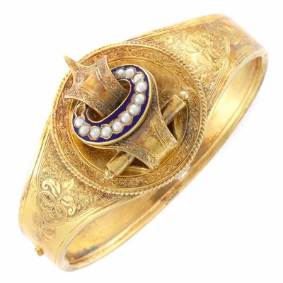 Lot 85 - Antique Gold, Seed Pearl and Blue Enamel Bangle Bracelet