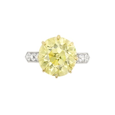Lot 429 - Gold, Platinum, Fancy Intense Yellow Diamond and Diamond Ring
