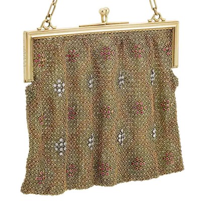 Lot 306 - Tricolor Gold, Platinum and Diamond Mesh Purse with Carrying Chain