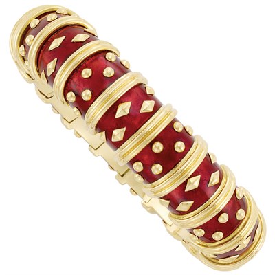 Lot 176 - Gold and Red Paillonne Enamel Bangle Bracelet, Tiffany & Co., Schlumberger, France