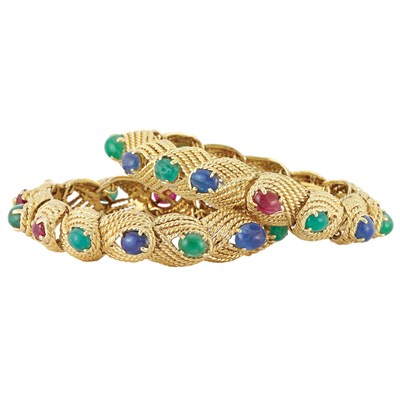 Lot 278 - Pair of Gold and Cabochon Colored Stone Bracelets, David Webb