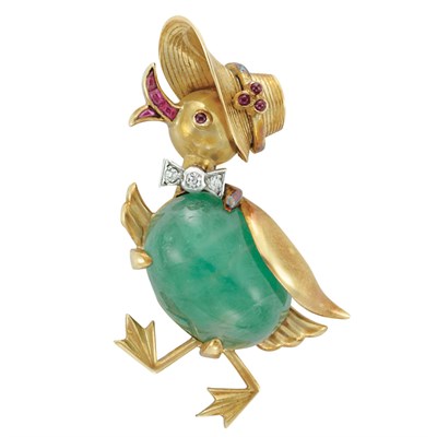 Lot 154 - Gold, Platinum, Cabochon Emerald, Diamond and Ruby Duck Clip, Van Cleef & Arpels, France