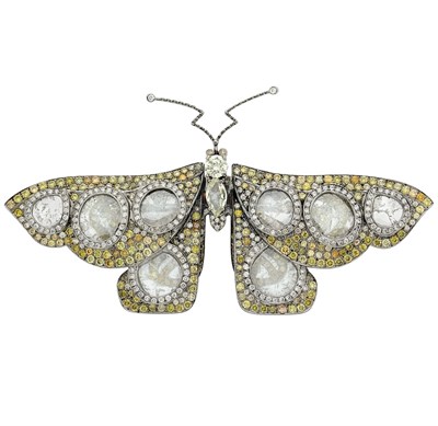 Lot 101 - Blackened White Gold, Diamond, Yellow Diamond and Sliced Diamond Butterfly Brooch