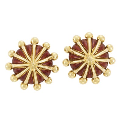 Lot 177 - Pair of Gold and Red Paillonne Enamel Earclips, Tiffany & Co., Schlumberger