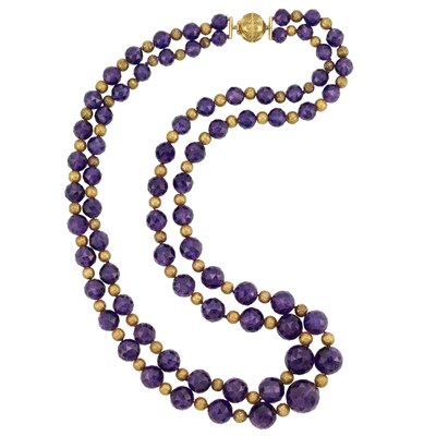Lot 303 - Long Antique Double Strand Amethyst and Etruscan Revival Gold Bead Necklace
