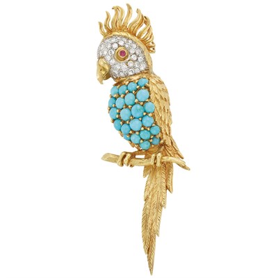 Lot 293 - Gold, Platinum, Diamond, Turquoise and Ruby Bird Brooch