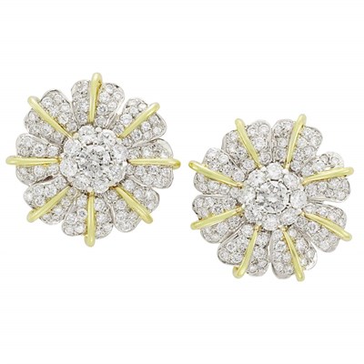 Lot 348 - Pair of Two-Color Gold and Diamond Flower Earrings