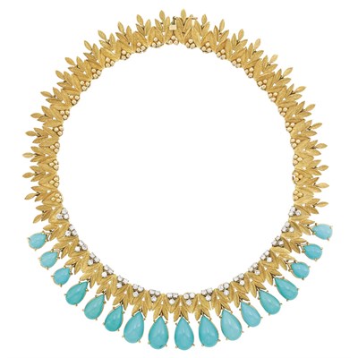 Lot 299 - Gold, Diamond and Turquoise Fringe Necklace