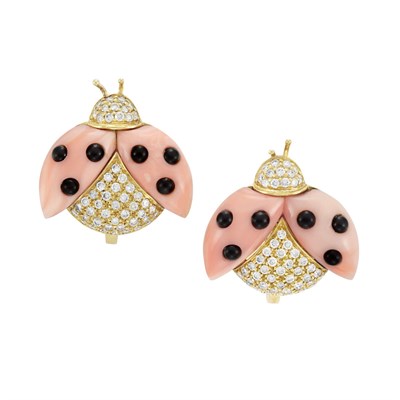 Lot 367 - Pair of Gold, Coral, Diamond and Black Onyx Lady Bug Earclips