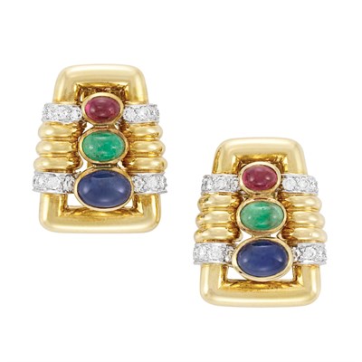 Lot 275 - Pair of Gold, Platinum, Cabochon Colored Stone and Diamond Earclips, David Webb