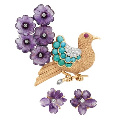 Lot 300 - Gold, Carved Amethyst, Turquoise, Diamond and Cabochon Ruby Bird Clip-Brooch, T.G. LeComte, Paris, and Pair of Carved Amethyst and Diamond Flower Earclips