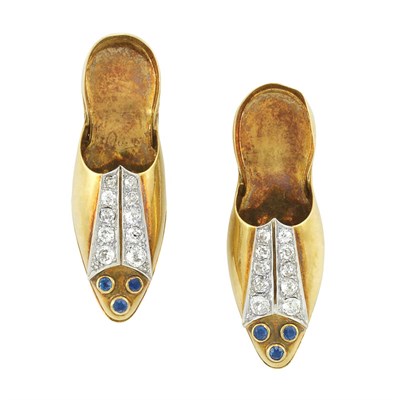 Lot 140 - Pair of Gold, Platinum, Diamond and Sapphire Shoe Clip-Brooches, by Paul Flato