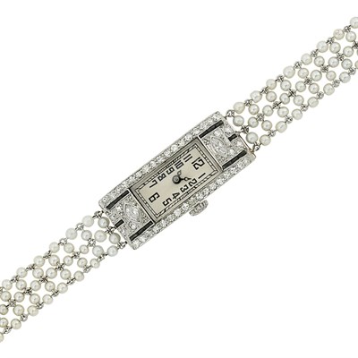 Lot 123 - Art Deco Platinum, Seed Pearl, Diamond and Black Onyx Wristwatch